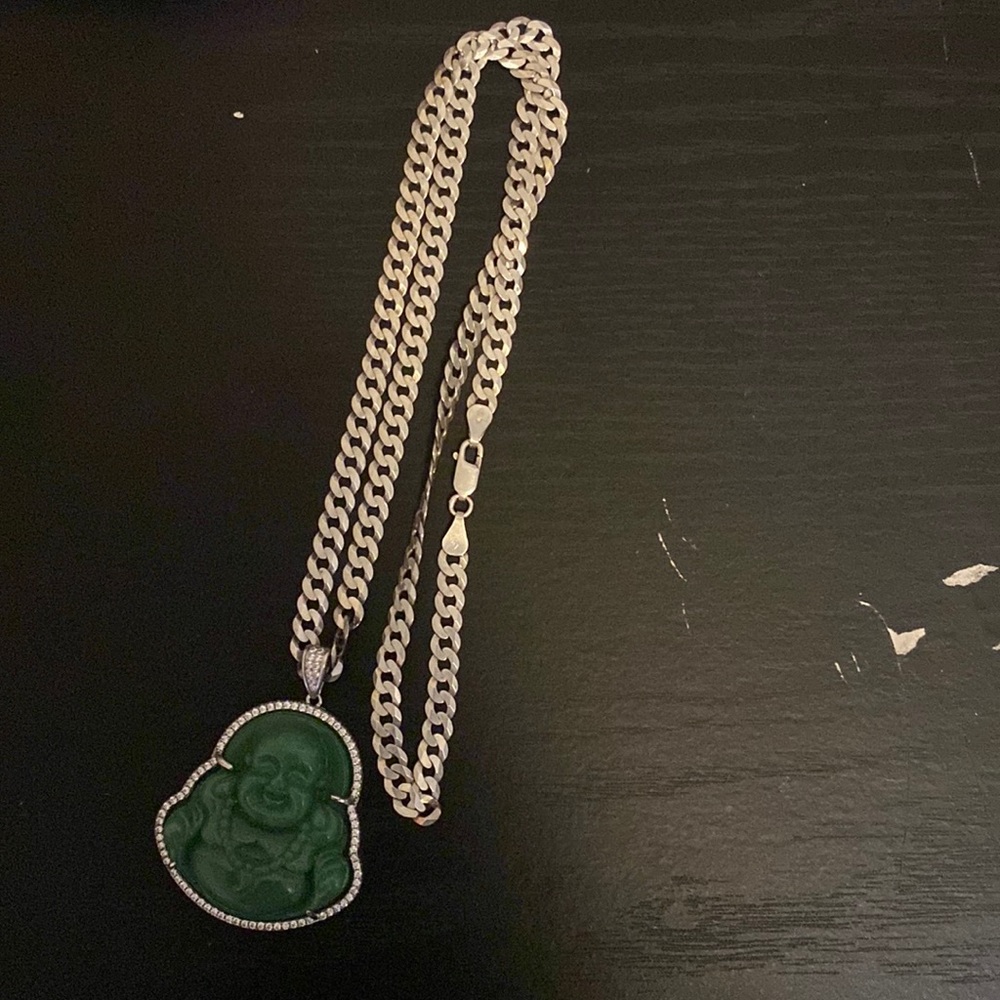 .925 silver Buddha chain & pendant jade